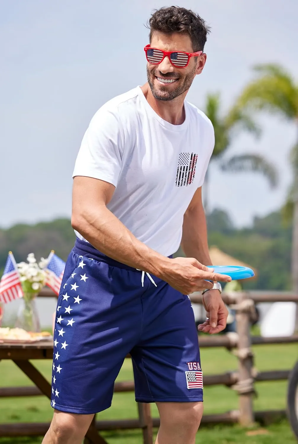 Arvilhill Men American Flag Shorts Patriotic Stars Stripes SweatShorts with Elastic Waistband (S-3XL)