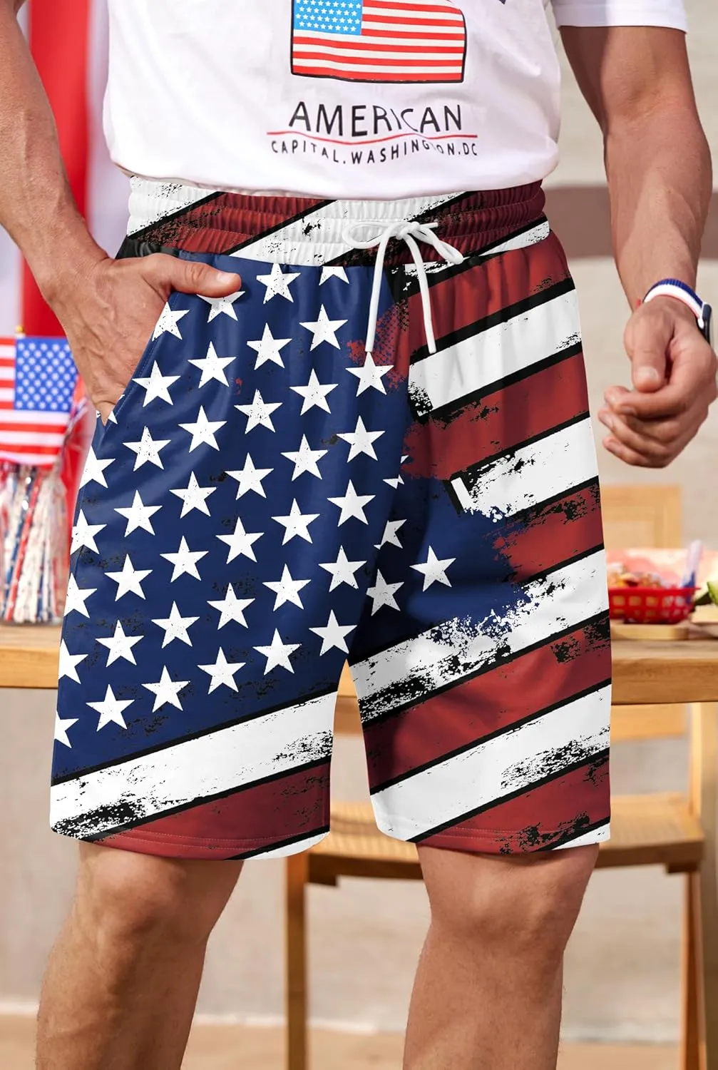 Arvilhill Men American Flag Shorts Patriotic Stars Stripes SweatShorts with Elastic Waistband (S-3XL)