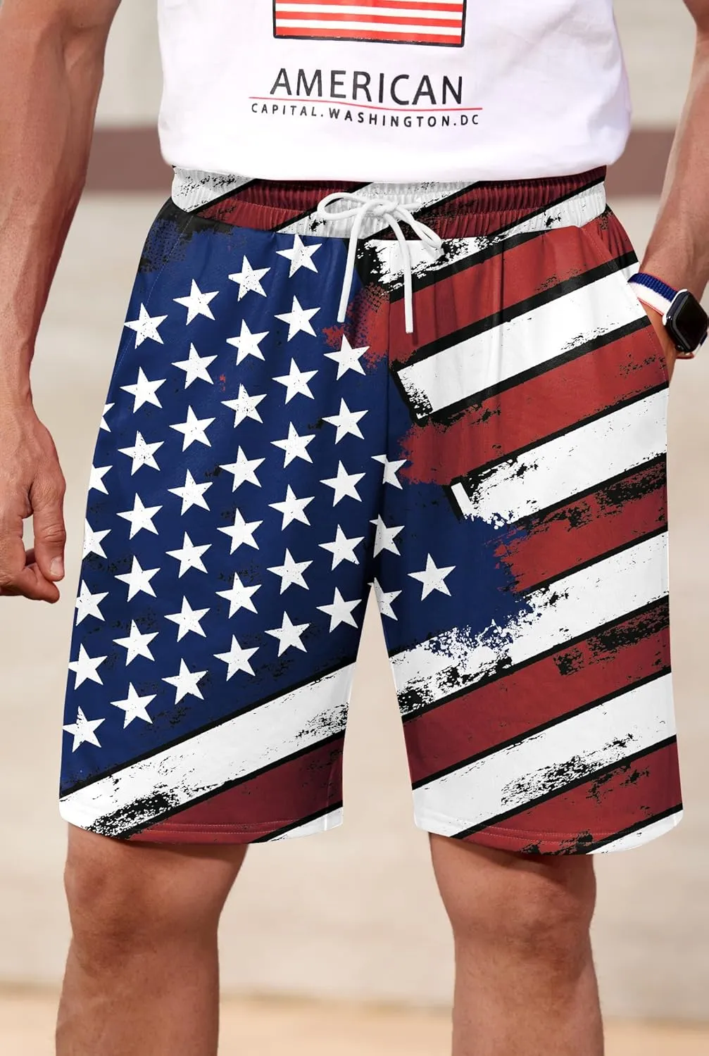 Arvilhill Men American Flag Shorts Patriotic Stars Stripes SweatShorts with Elastic Waistband (S-3XL)