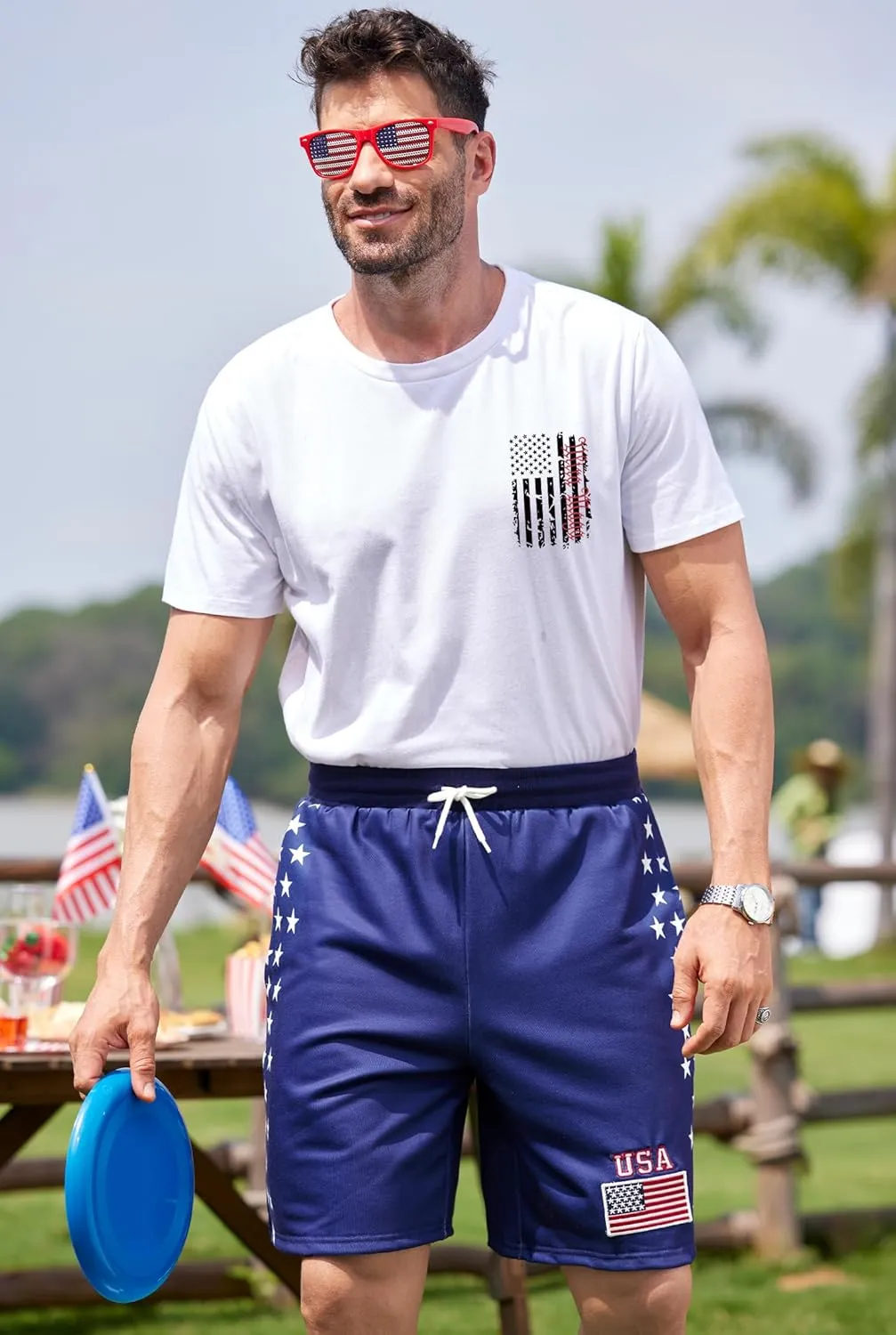 Arvilhill Men American Flag Shorts Patriotic Stars Stripes SweatShorts with Elastic Waistband (S-3XL)