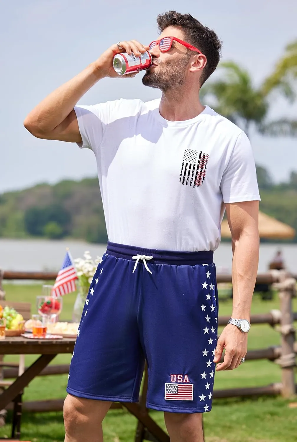 Arvilhill Men American Flag Shorts Patriotic Stars Stripes SweatShorts with Elastic Waistband (S-3XL)