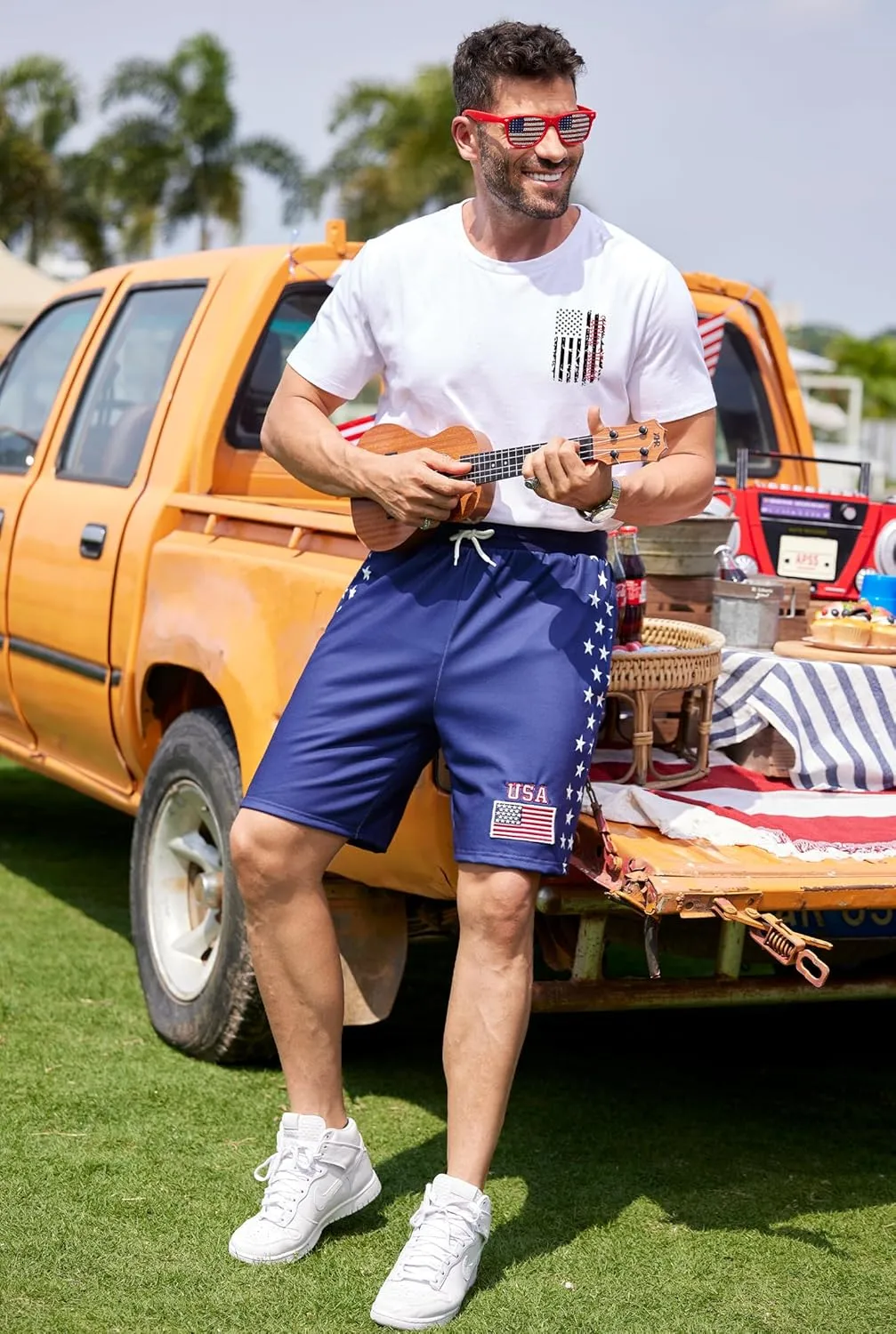 Arvilhill Men American Flag Shorts Patriotic Stars Stripes SweatShorts with Elastic Waistband (S-3XL)