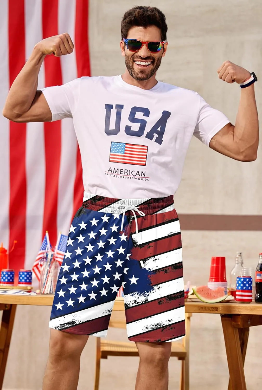 Arvilhill Men American Flag Shorts Patriotic Stars Stripes SweatShorts with Elastic Waistband (S-3XL)
