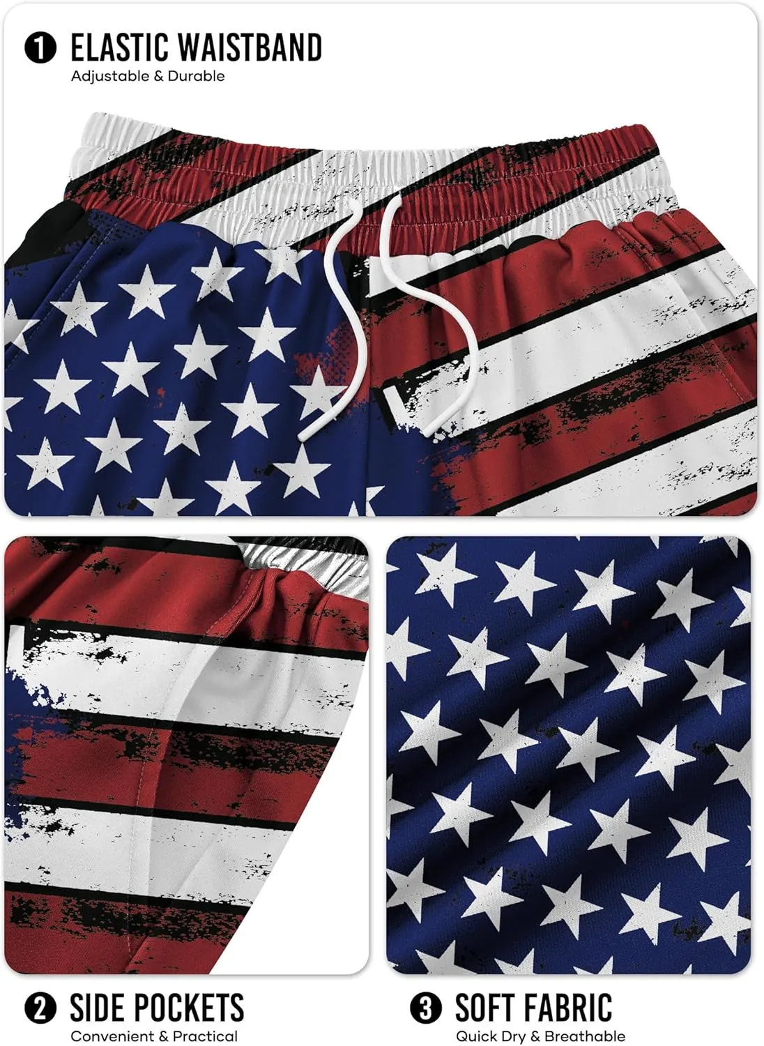 Arvilhill Men American Flag Shorts Patriotic Stars Stripes SweatShorts with Elastic Waistband (S-3XL)