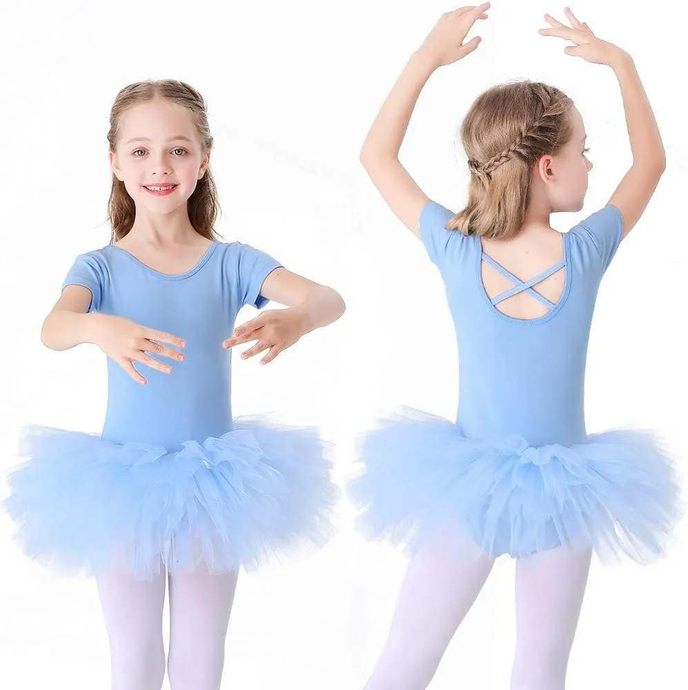 Bezioner Girls Cotton Ballet Dance Dress Cute Tutu Skirted Leotard Short Sleeve