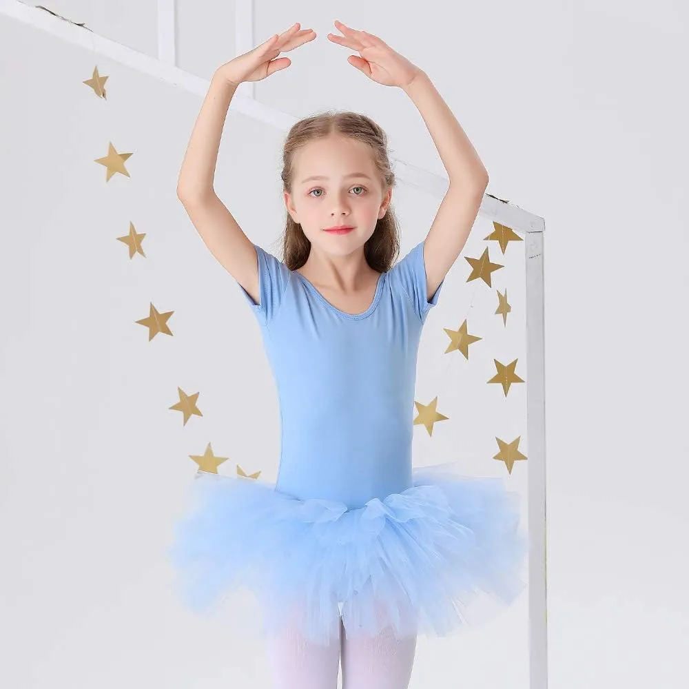 Bezioner Girls Cotton Ballet Dance Dress Cute Tutu Skirted Leotard Short Sleeve