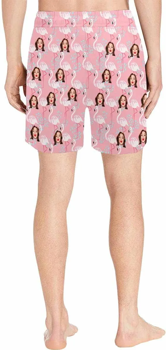 Custom Face Men's Stretch Swim Trunks Personalized with USA Flag Quick Dry Drawstring Elastic Waist Shorts Bathing Suit