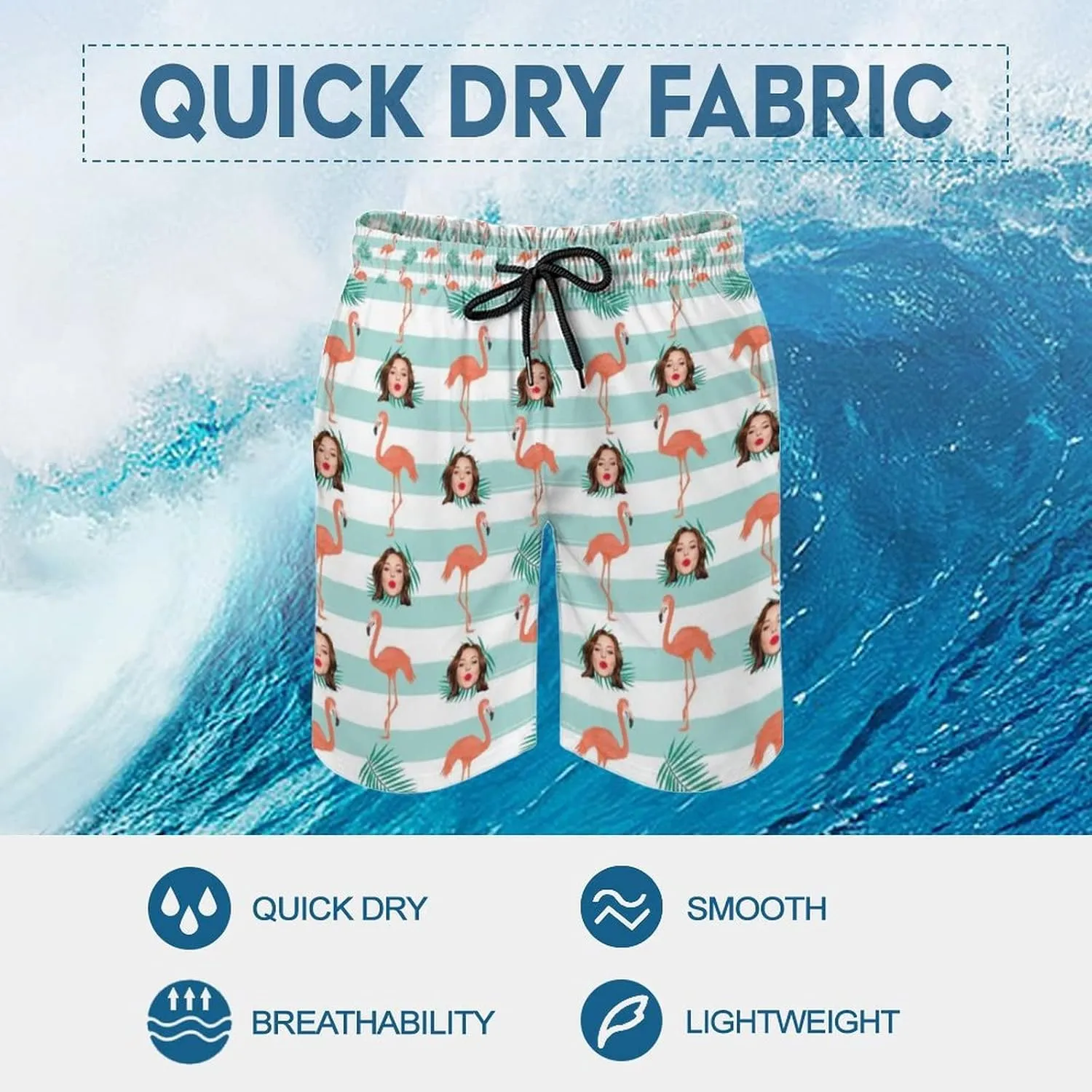 Custom Face Men's Stretch Swim Trunks Personalized with USA Flag Quick Dry Drawstring Elastic Waist Shorts Bathing Suit