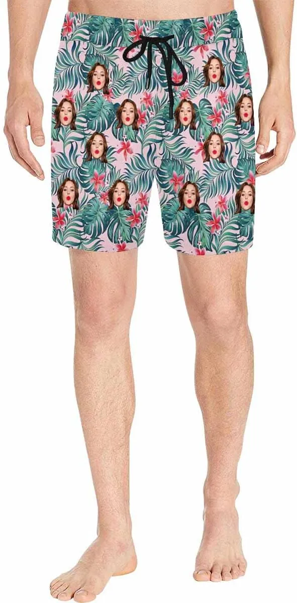 Custom Face Men's Stretch Swim Trunks Personalized with USA Flag Quick Dry Drawstring Elastic Waist Shorts Bathing Suit