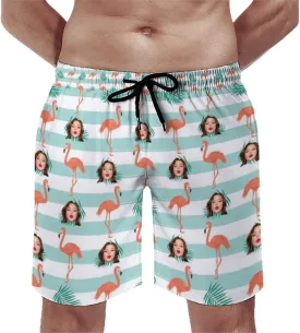 Custom Face Men's Stretch Swim Trunks Personalized with USA Flag Quick Dry Drawstring Elastic Waist Shorts Bathing Suit