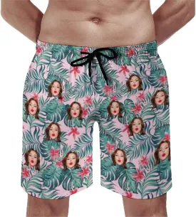 Custom Face Men's Stretch Swim Trunks Personalized with USA Flag Quick Dry Drawstring Elastic Waist Shorts Bathing Suit