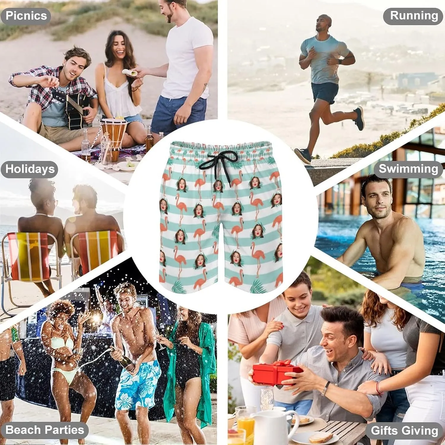 Custom Face Men's Stretch Swim Trunks Personalized with USA Flag Quick Dry Drawstring Elastic Waist Shorts Bathing Suit