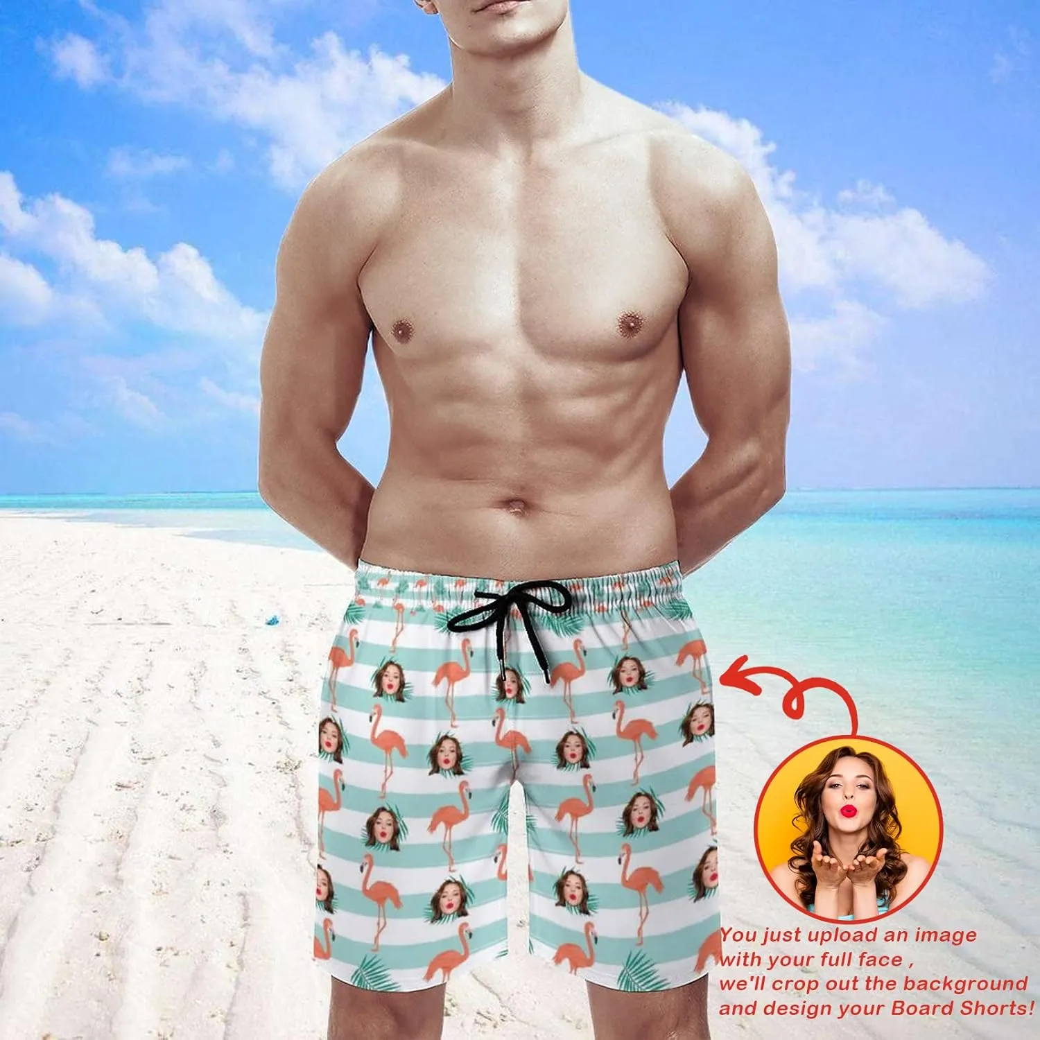 Custom Face Men's Stretch Swim Trunks Personalized with USA Flag Quick Dry Drawstring Elastic Waist Shorts Bathing Suit