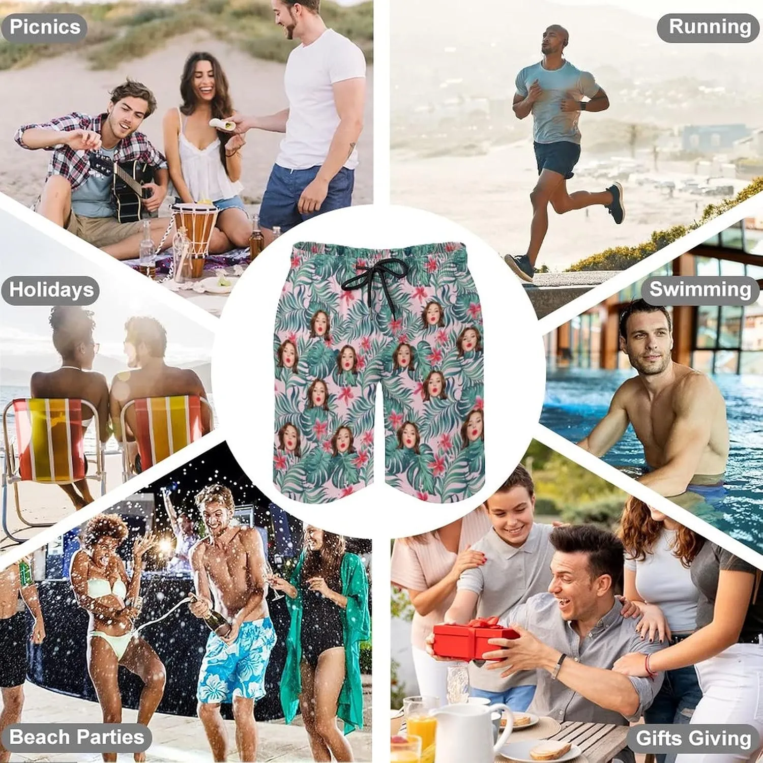 Custom Face Men's Stretch Swim Trunks Personalized with USA Flag Quick Dry Drawstring Elastic Waist Shorts Bathing Suit