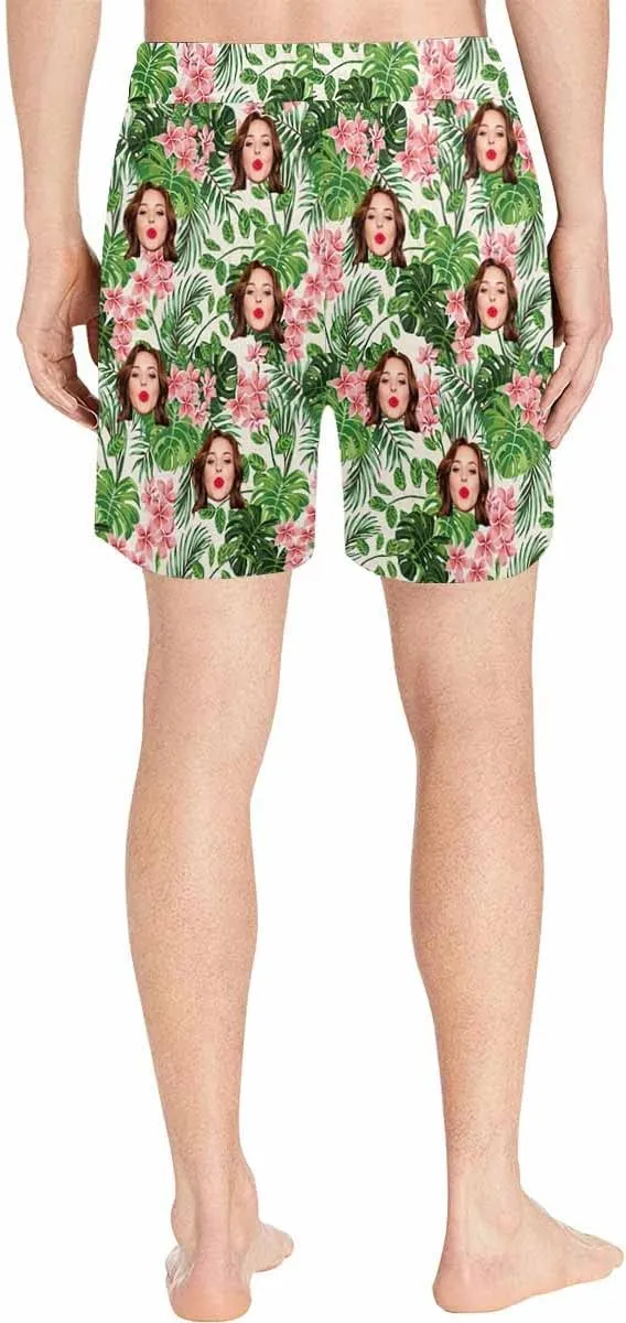 Custom Face Men's Stretch Swim Trunks Personalized with USA Flag Quick Dry Drawstring Elastic Waist Shorts Bathing Suit