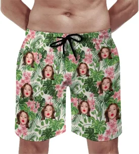 Custom Face Men's Stretch Swim Trunks Personalized with USA Flag Quick Dry Drawstring Elastic Waist Shorts Bathing Suit