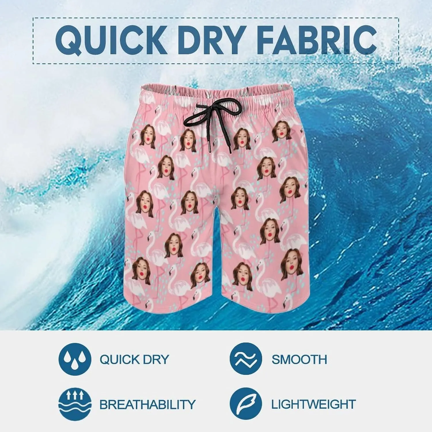 Custom Face Men's Stretch Swim Trunks Personalized with USA Flag Quick Dry Drawstring Elastic Waist Shorts Bathing Suit