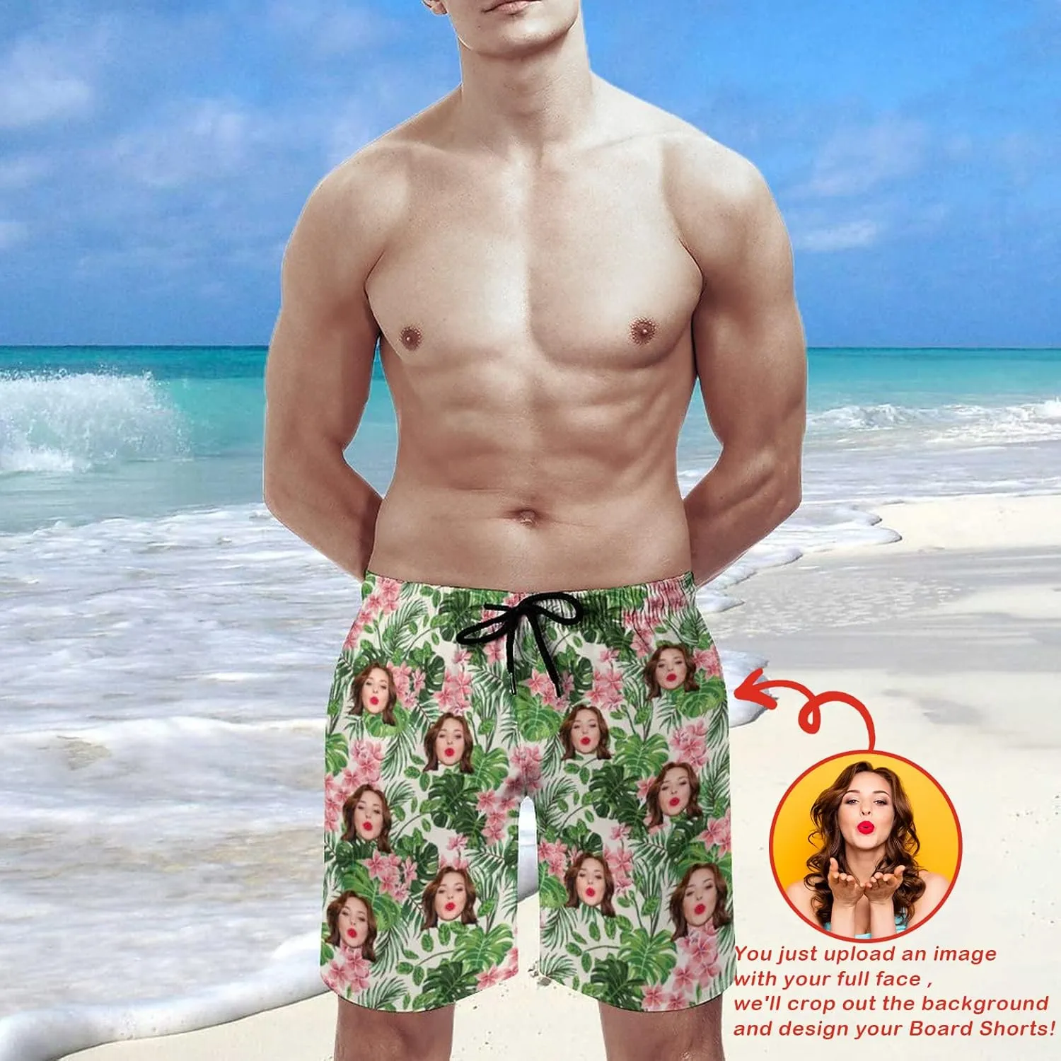 Custom Face Men's Stretch Swim Trunks Personalized with USA Flag Quick Dry Drawstring Elastic Waist Shorts Bathing Suit