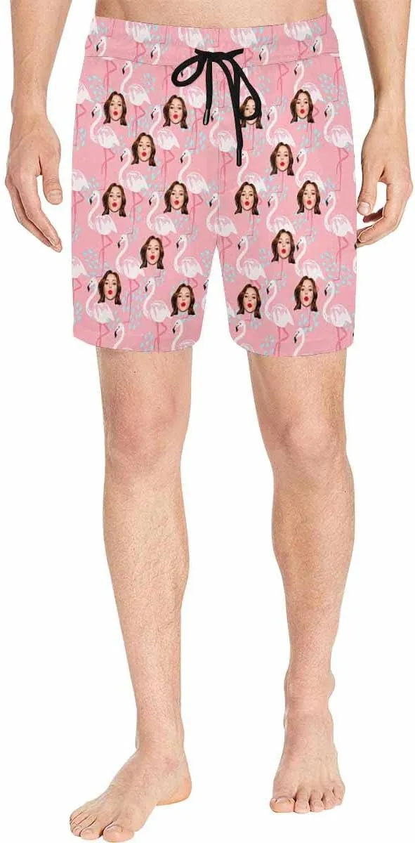 Custom Face Men's Stretch Swim Trunks Personalized with USA Flag Quick Dry Drawstring Elastic Waist Shorts Bathing Suit