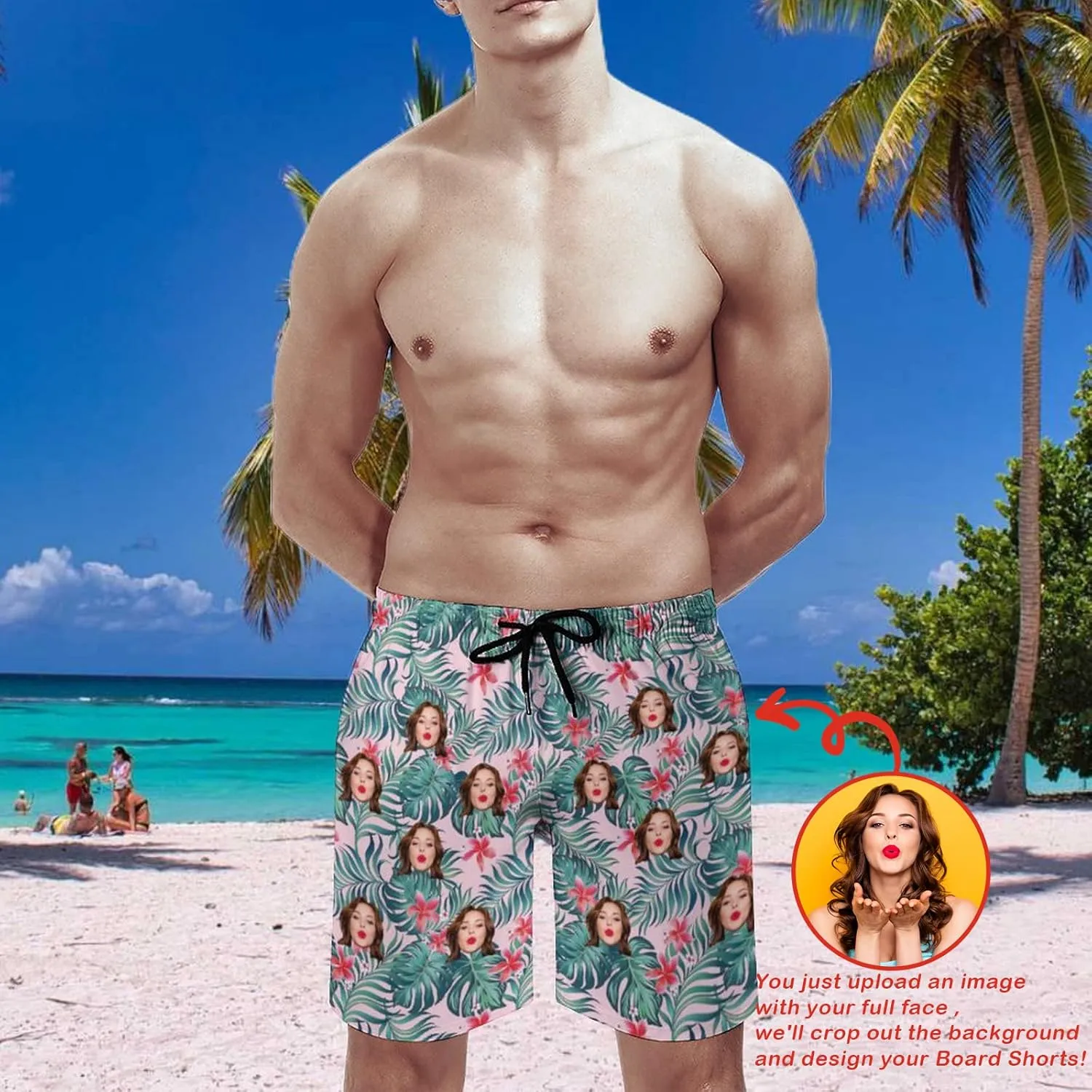 Custom Face Men's Stretch Swim Trunks Personalized with USA Flag Quick Dry Drawstring Elastic Waist Shorts Bathing Suit