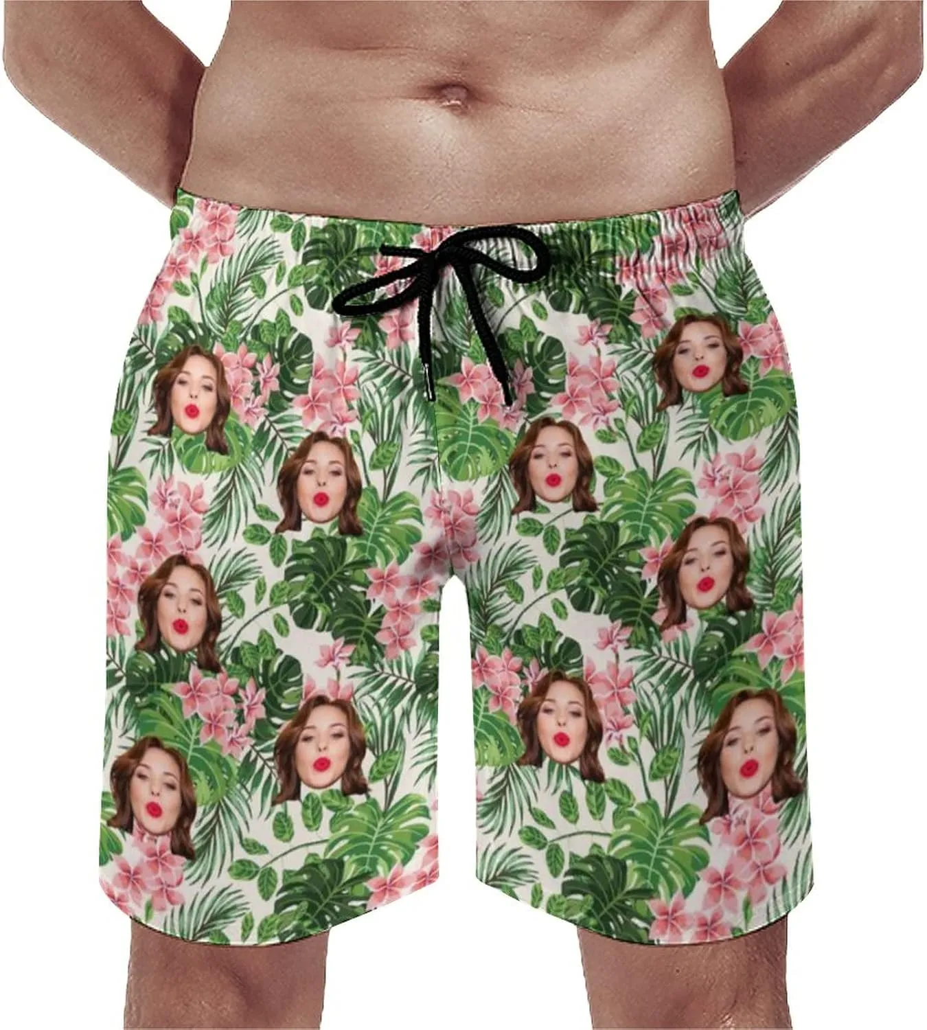Custom Face Men's Stretch Swim Trunks Personalized with USA Flag Quick Dry Drawstring Elastic Waist Shorts Bathing Suit