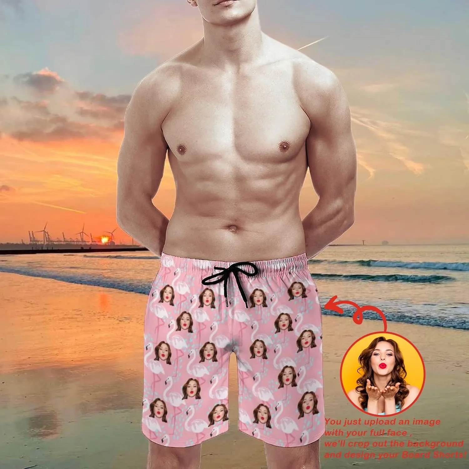 Custom Face Men's Stretch Swim Trunks Personalized with USA Flag Quick Dry Drawstring Elastic Waist Shorts Bathing Suit