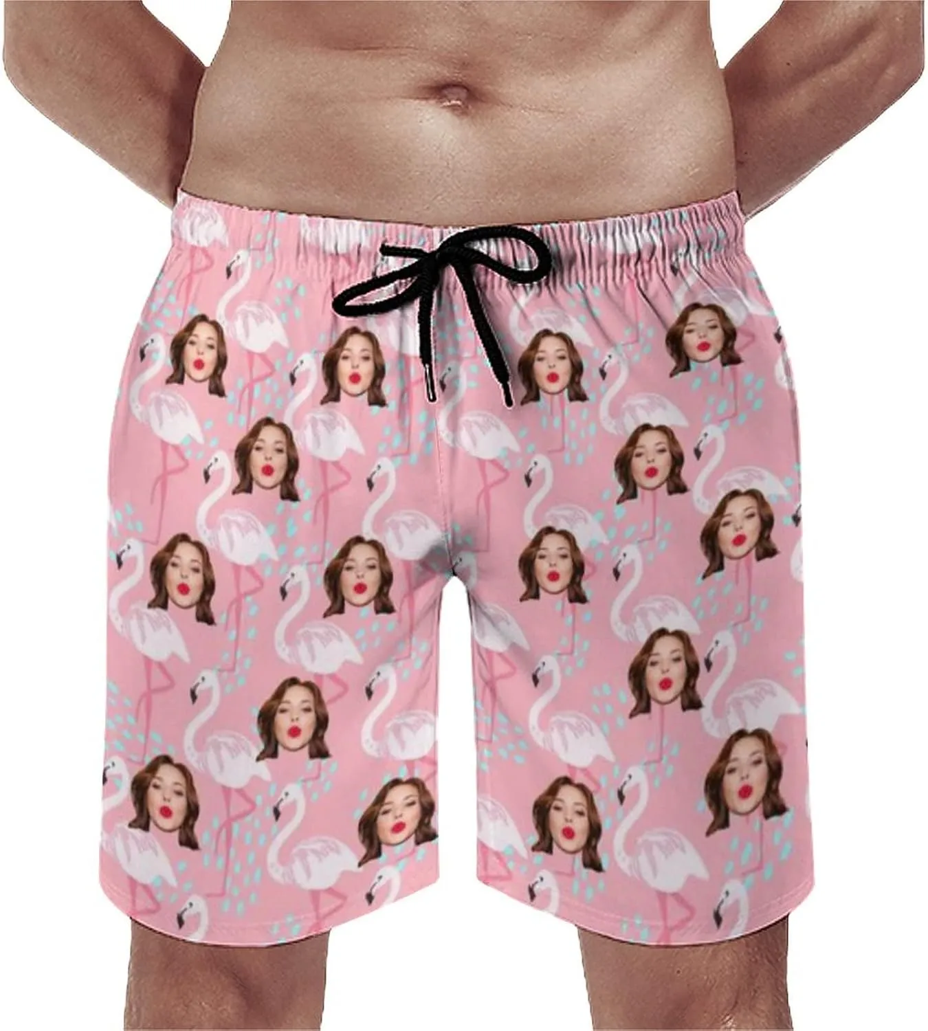 Custom Face Men's Stretch Swim Trunks Personalized with USA Flag Quick Dry Drawstring Elastic Waist Shorts Bathing Suit
