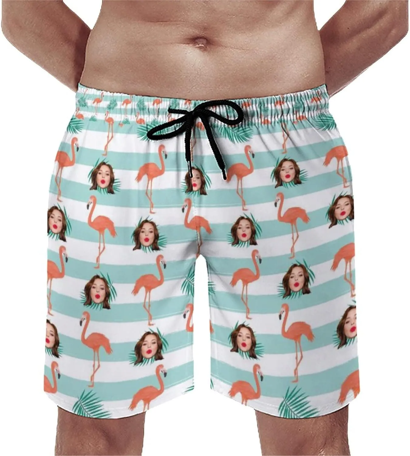 Custom Face Men's Stretch Swim Trunks Personalized with USA Flag Quick Dry Drawstring Elastic Waist Shorts Bathing Suit