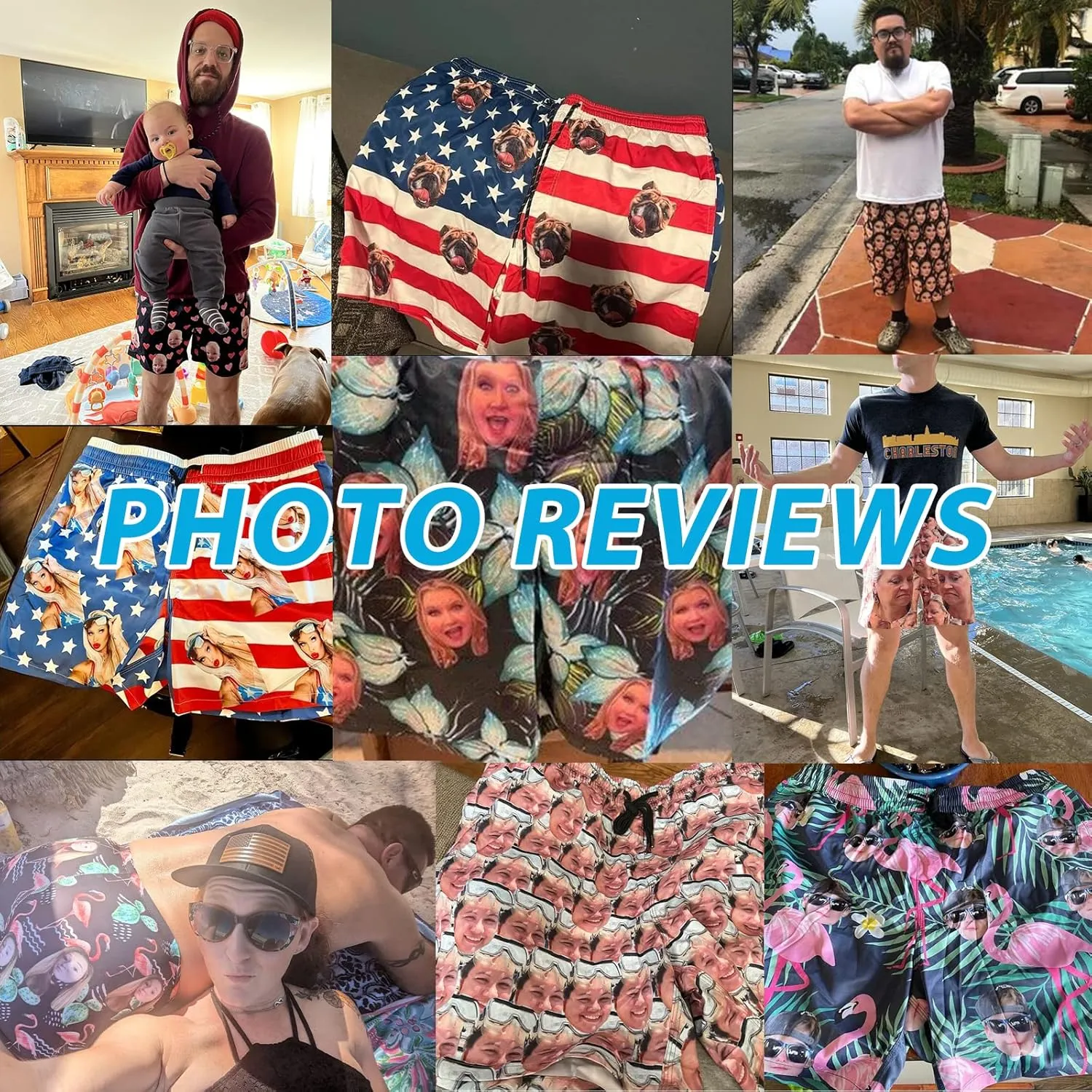Custom Face Men's Stretch Swim Trunks Personalized with USA Flag Quick Dry Drawstring Elastic Waist Shorts Bathing Suit