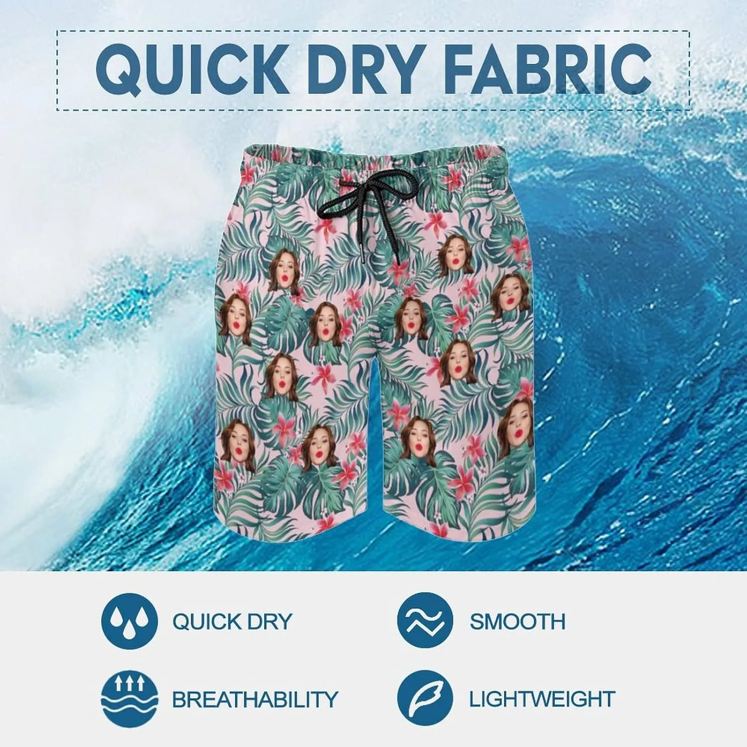 Custom Face Men's Stretch Swim Trunks Personalized with USA Flag Quick Dry Drawstring Elastic Waist Shorts Bathing Suit