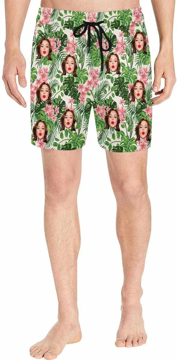 Custom Face Men's Stretch Swim Trunks Personalized with USA Flag Quick Dry Drawstring Elastic Waist Shorts Bathing Suit