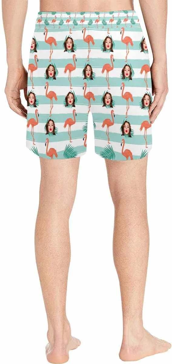 Custom Face Men's Stretch Swim Trunks Personalized with USA Flag Quick Dry Drawstring Elastic Waist Shorts Bathing Suit