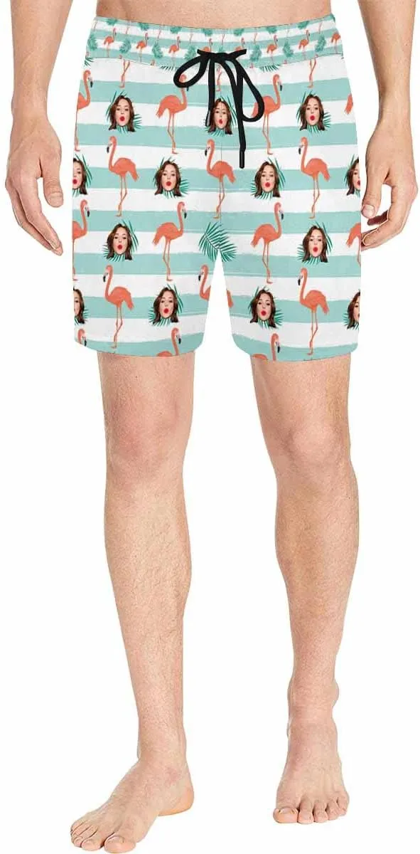 Custom Face Men's Stretch Swim Trunks Personalized with USA Flag Quick Dry Drawstring Elastic Waist Shorts Bathing Suit