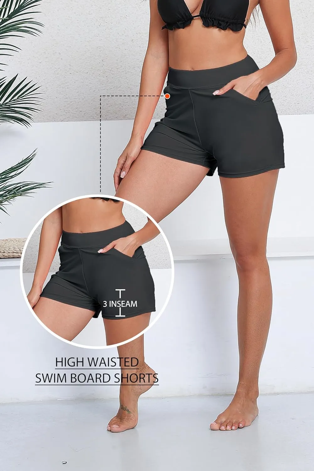 Halcurt Women's 3 Inch High Waisted Swim Short with Liner Pokcet Boardshorts Swimsuit Bottoms