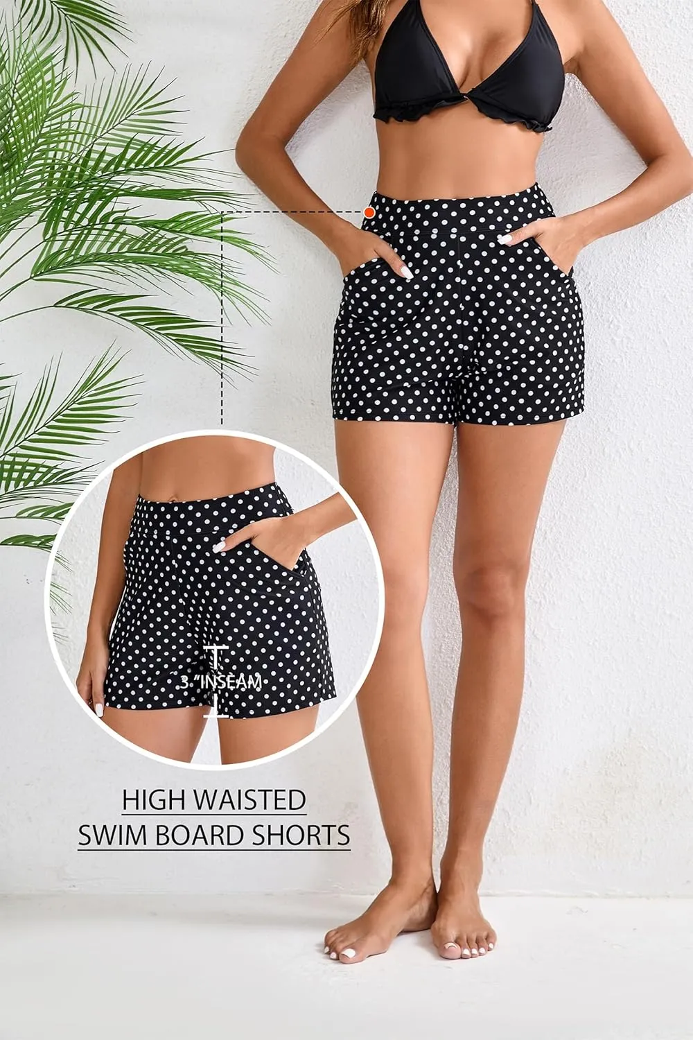 Halcurt Women's 3 Inch High Waisted Swim Short with Liner Pokcet Boardshorts Swimsuit Bottoms