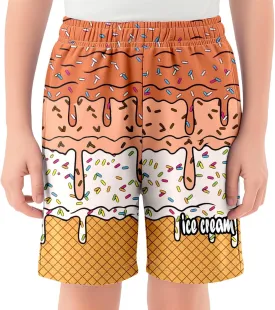Ice Cream Boys Swim Trunks Summer Cute Preppy Ice Cream Drip Baseball Shorts Casual Elastic Waist Short-Pants with Pockets