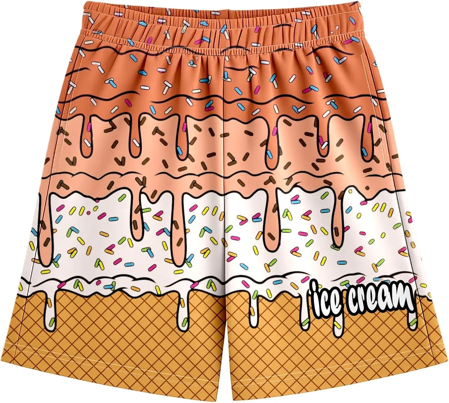Ice Cream Boys Swim Trunks Summer Cute Preppy Ice Cream Drip Baseball Shorts Casual Elastic Waist Short-Pants with Pockets