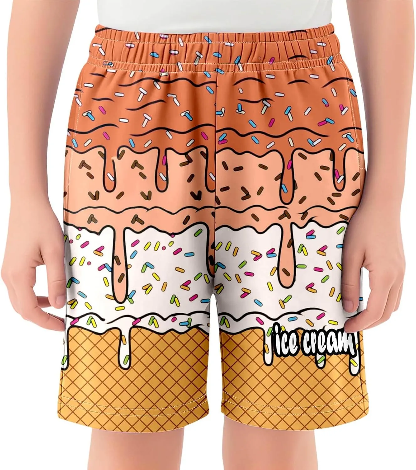 Ice Cream Boys Swim Trunks Summer Cute Preppy Ice Cream Drip Baseball Shorts Casual Elastic Waist Short-Pants with Pockets
