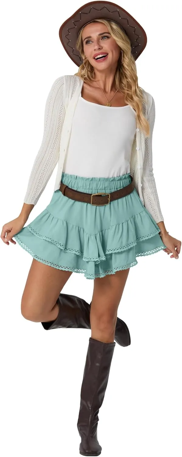 Lepunuo Boho Shorts for Women High Waisted Ruffle Tiered Flowy Skirts with Shorts Underneath Western Outfits Skorts