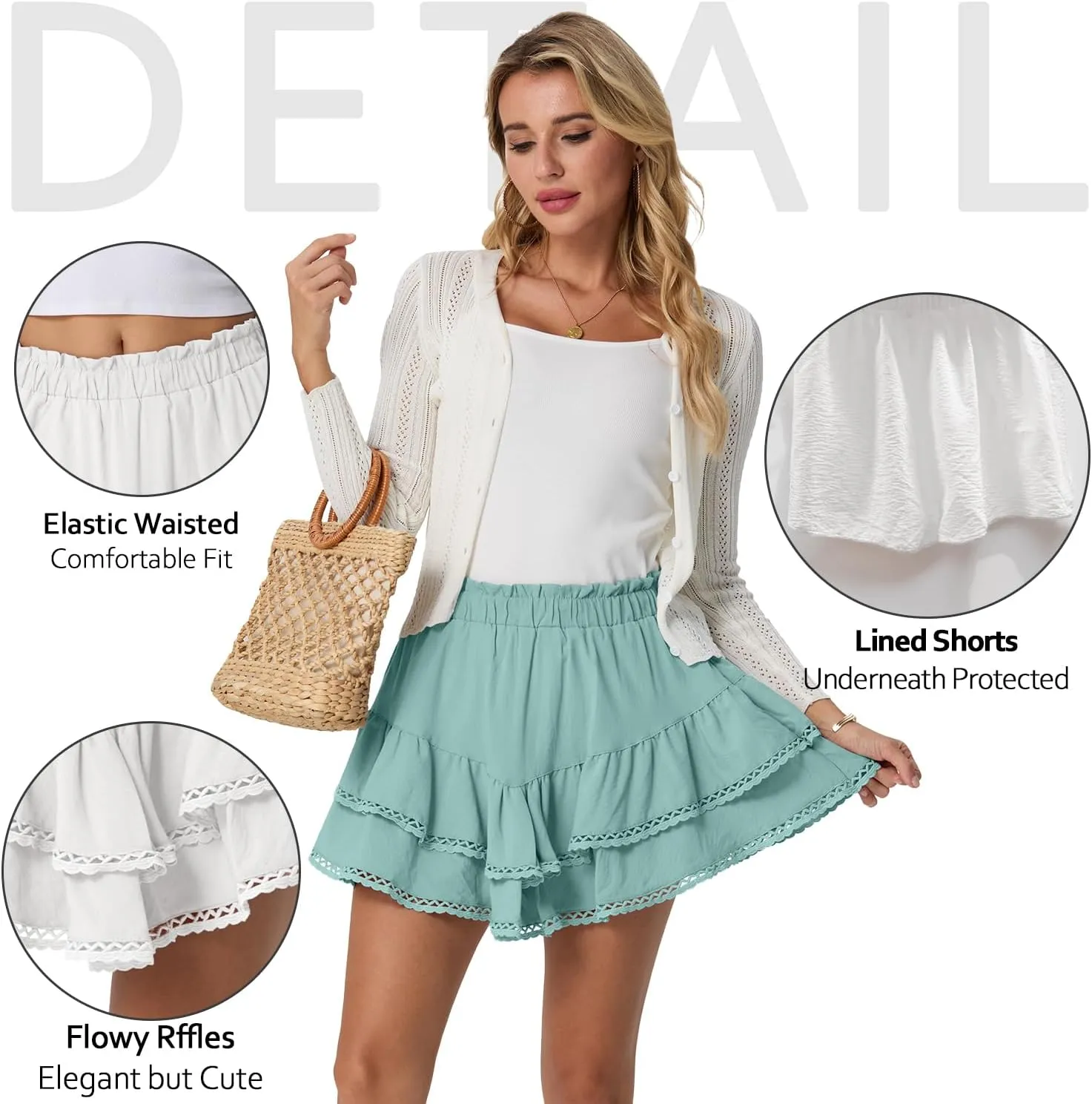 Lepunuo Boho Shorts for Women High Waisted Ruffle Tiered Flowy Skirts with Shorts Underneath Western Outfits Skorts