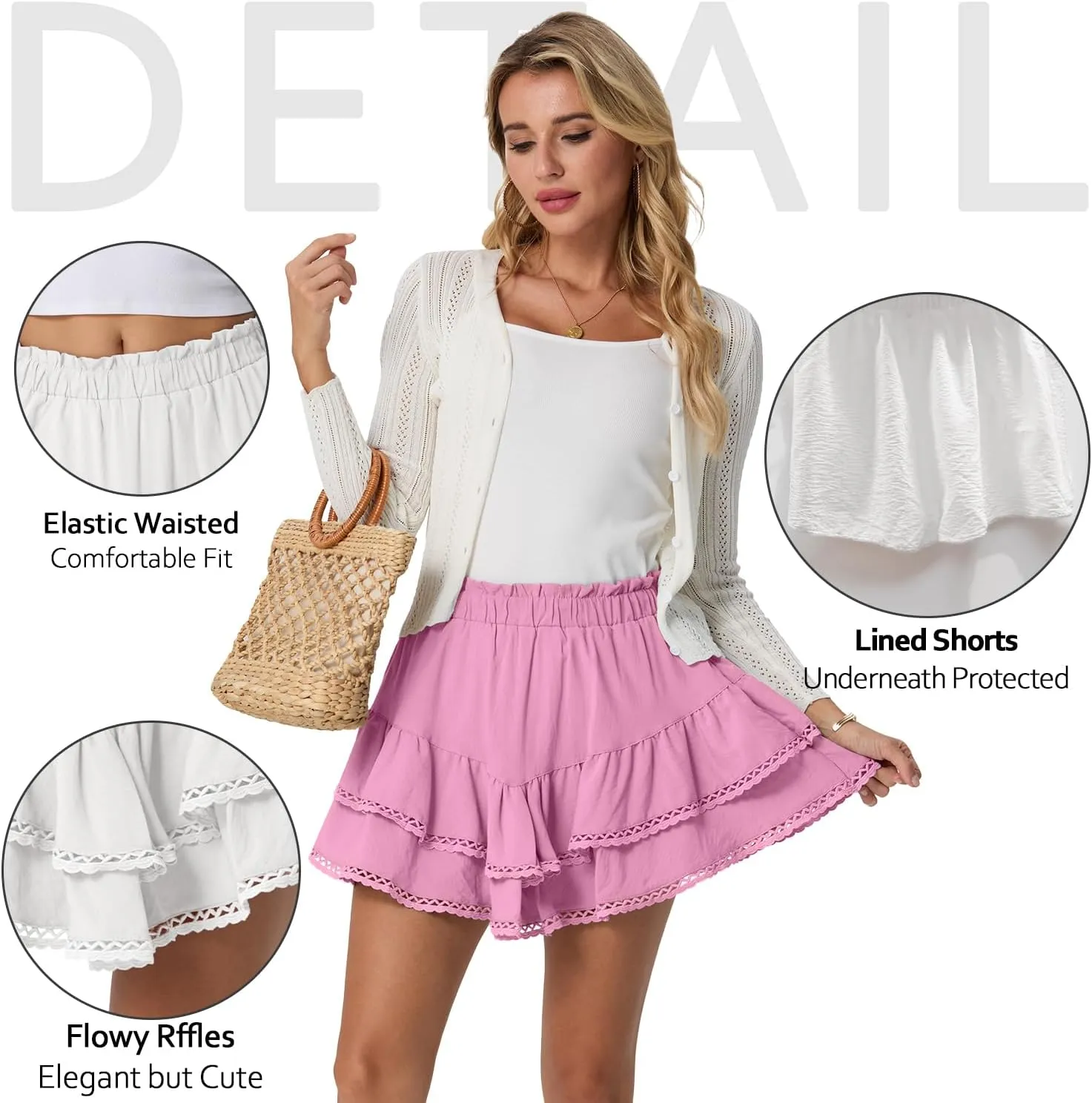 Lepunuo Boho Shorts for Women High Waisted Ruffle Tiered Flowy Skirts with Shorts Underneath Western Outfits Skorts