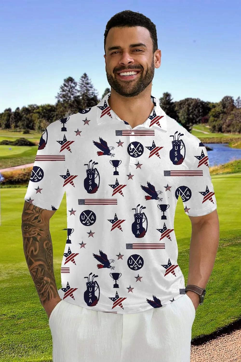 Mens Golf Polo Shirts Short Sleeve Printed Moisture Wicking Casual Shirt
