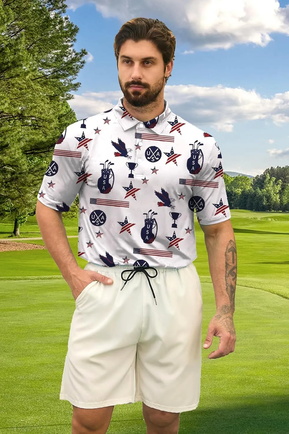 Mens Golf Polo Shirts Short Sleeve Printed Moisture Wicking Casual Shirt