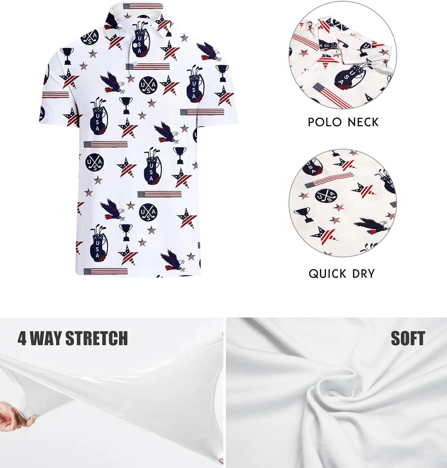 Mens Golf Polo Shirts Short Sleeve Printed Moisture Wicking Casual Shirt