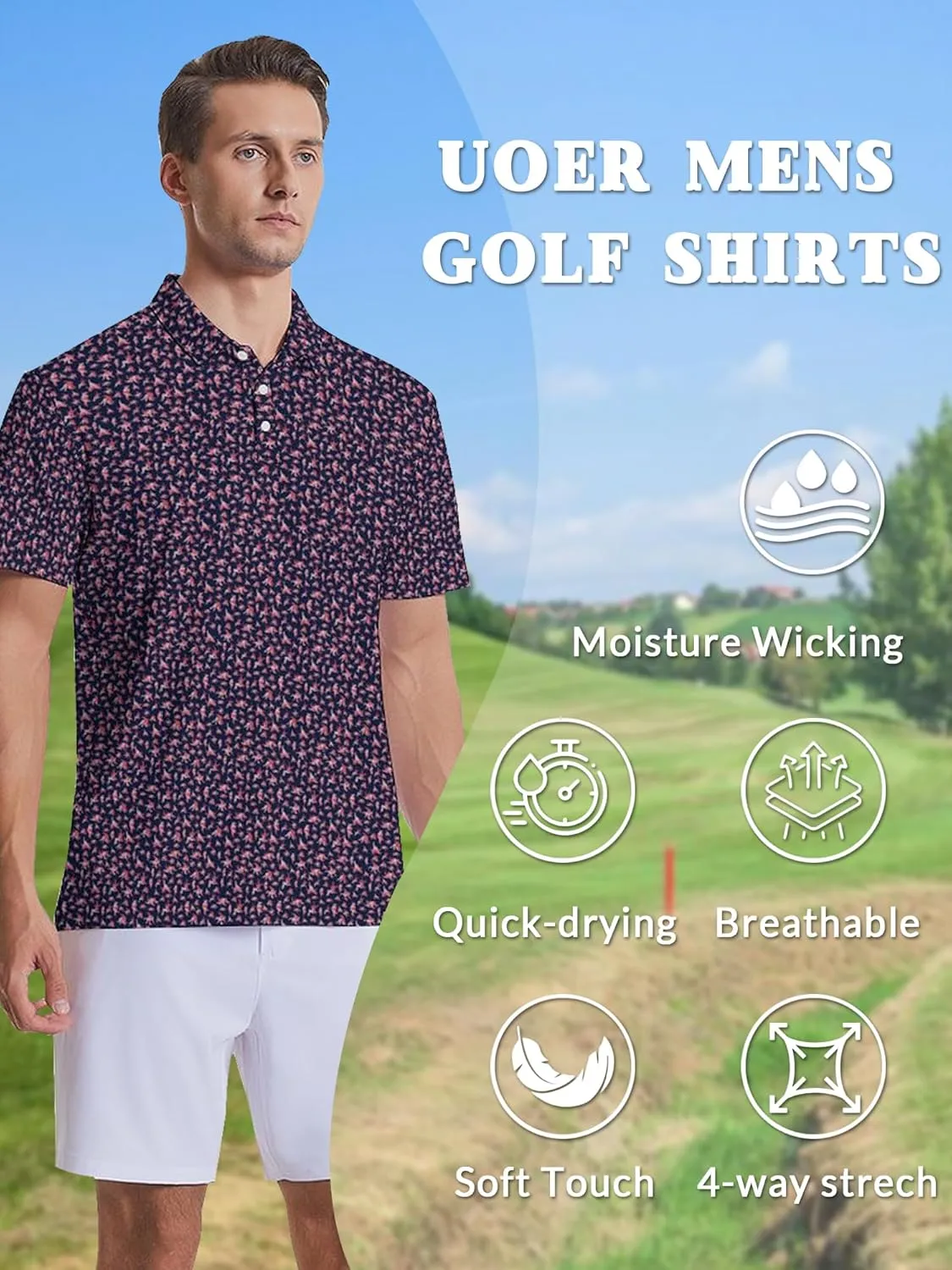 Men's Golf Shirts Moisture Wicking Quick Dry Performance Golf Polo Shirts for Men Fashion Print Short Sleeve Polo Shirts