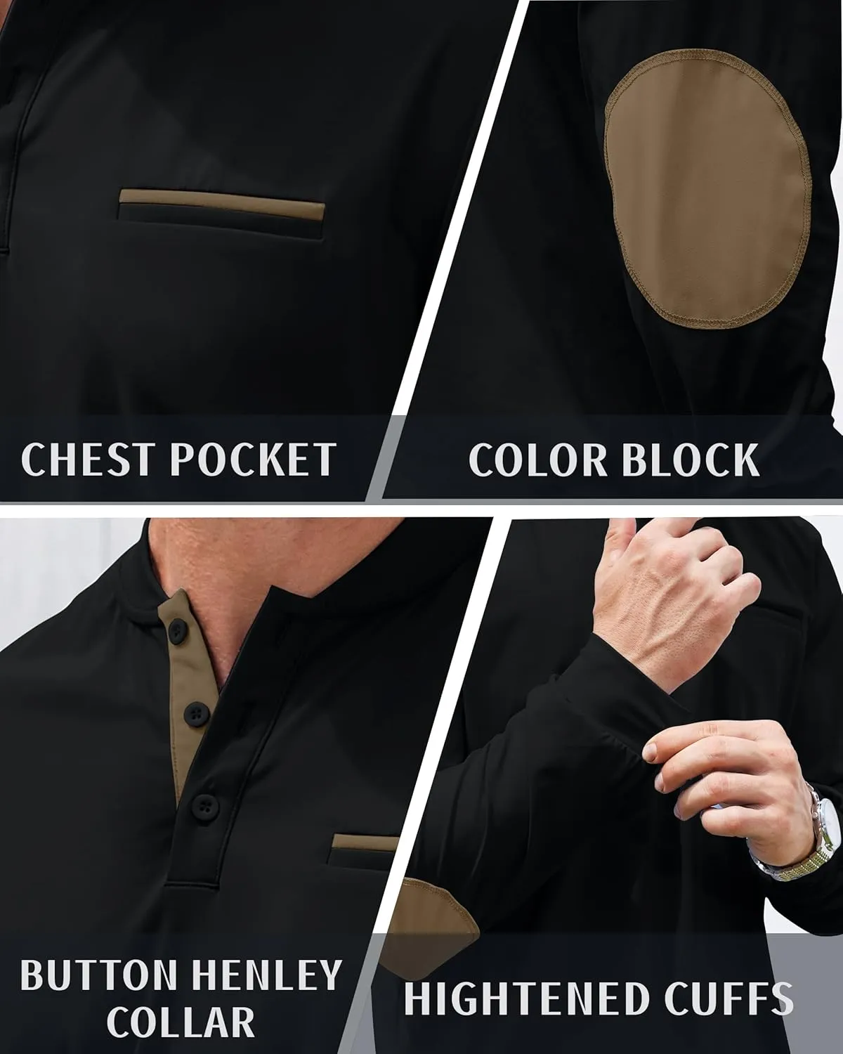 Men's Henley Golf Shirts Long Sleeve Collarless Golf Shirt Casual Moisture Wicking Quick Dry Shirts with Pocket