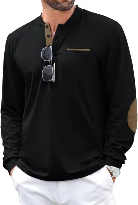 Men's Henley Golf Shirts Long Sleeve Collarless Golf Shirt Casual Moisture Wicking Quick Dry Shirts with Pocket