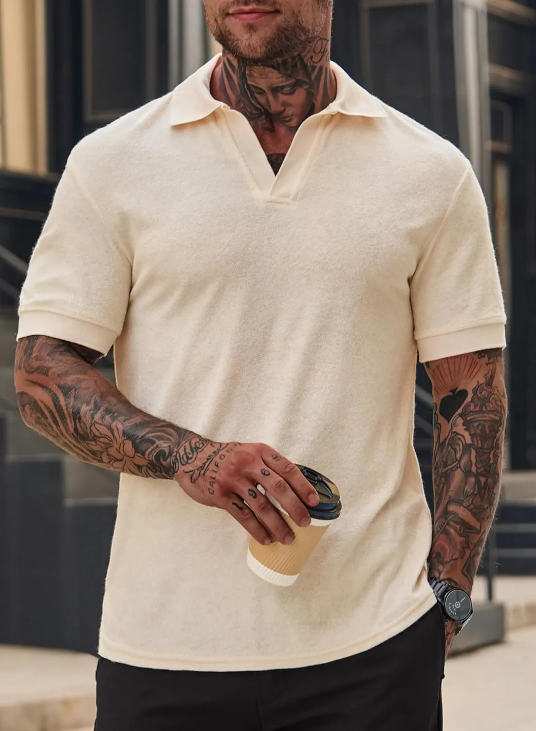 Mens Terry Polo Shirts Johnny Collar Casual Summer Short Sleeve Buttonless Shirt (S-XXL)
