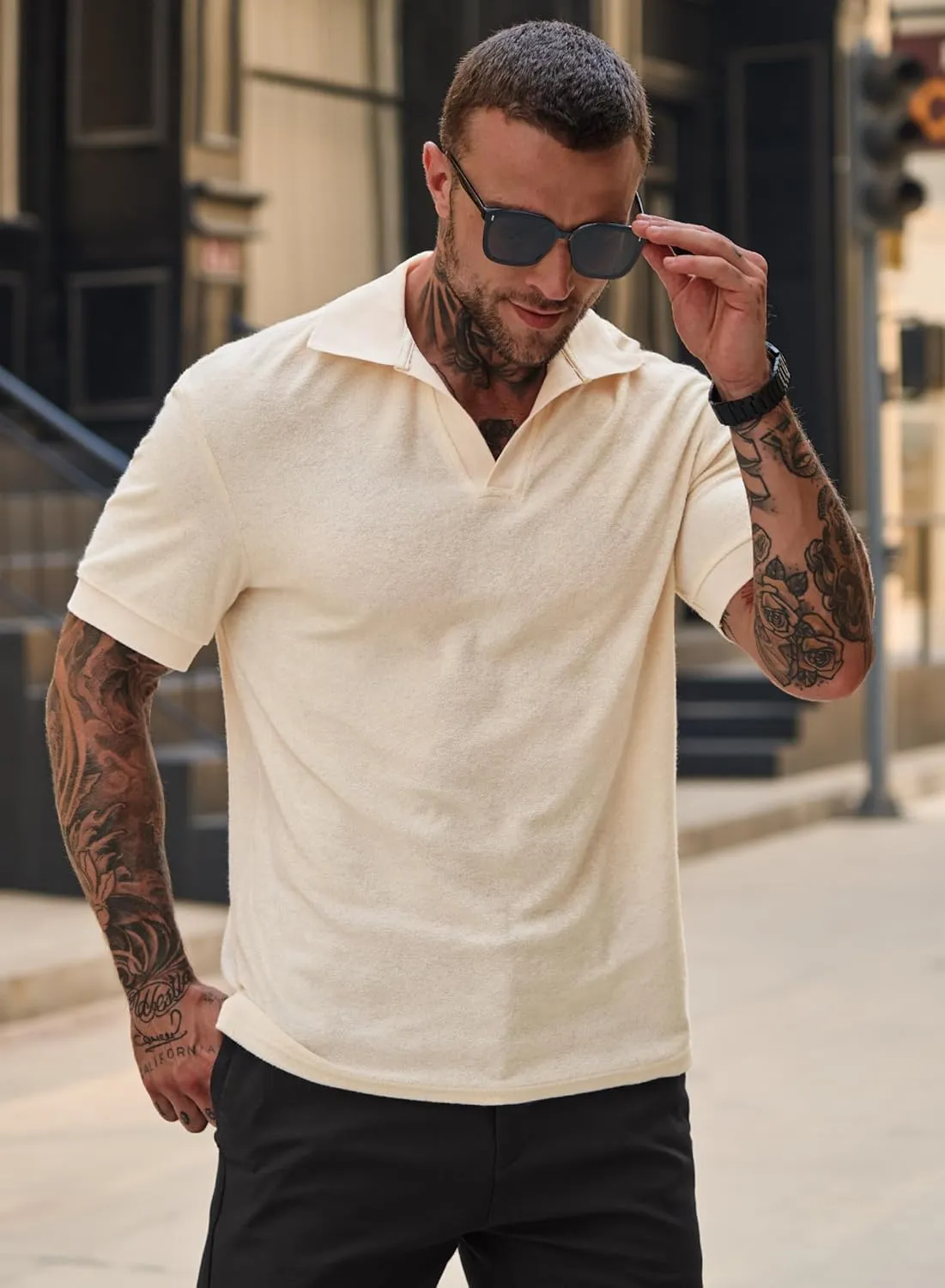 Mens Terry Polo Shirts Johnny Collar Casual Summer Short Sleeve Buttonless Shirt (S-XXL)