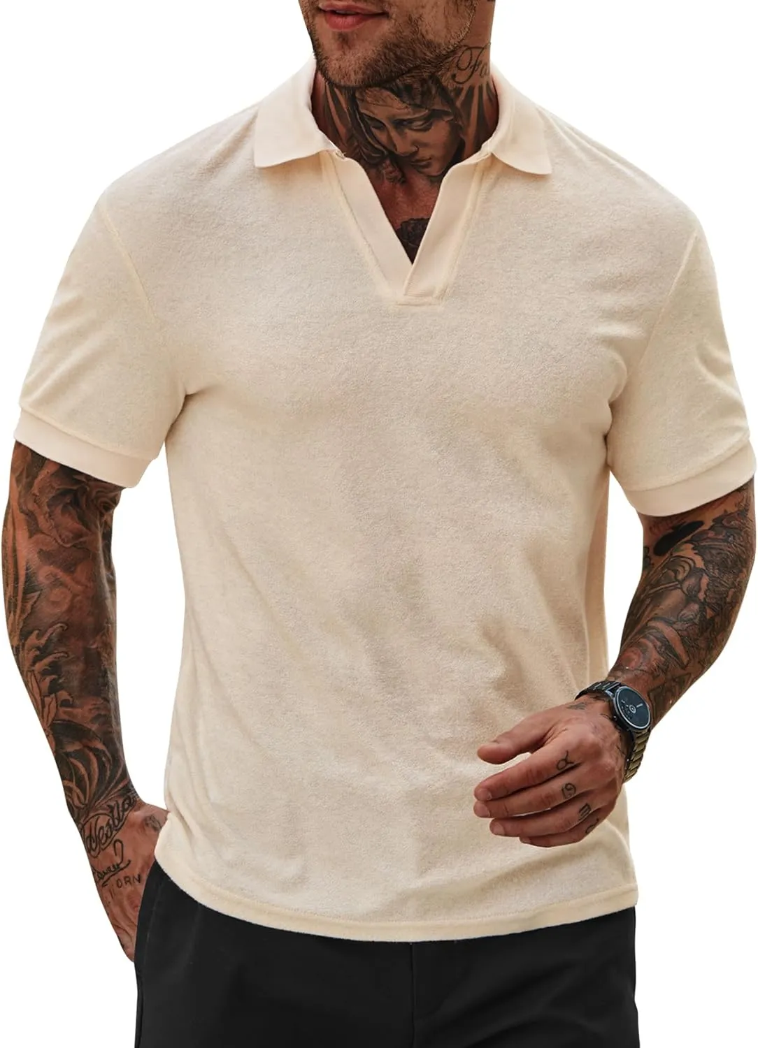 Mens Terry Polo Shirts Johnny Collar Casual Summer Short Sleeve Buttonless Shirt (S-XXL)